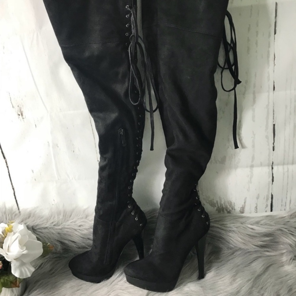 BCBG Over The Knee Lace Up Back Platform Heel Boot